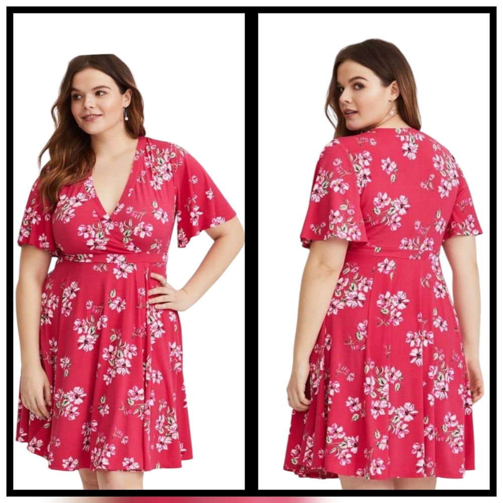 Torrid Pink Floral Midi Dress V-Neck Flutter Sleeve Size L